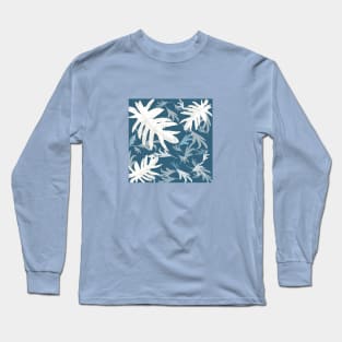 Trio palm leaves white on blue 2 tropical fall TeePublic Long Sleeve T-Shirt